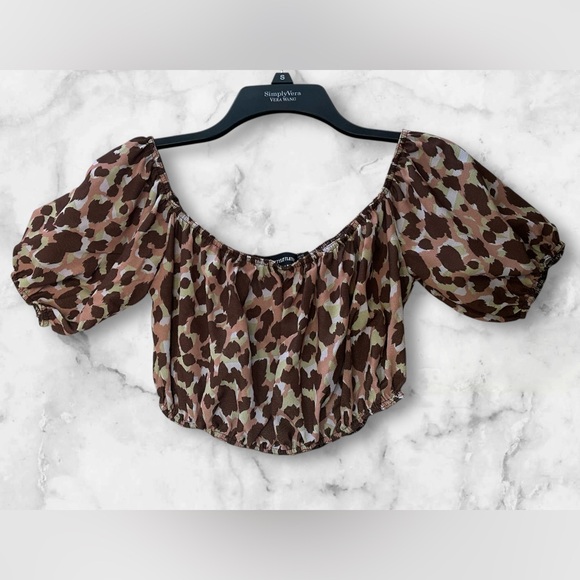 PrettyLittleThing Tops - PrettyLittleThing Cropped Camo Off Shoulder Blouse Top Boho Cottagecore Size 8